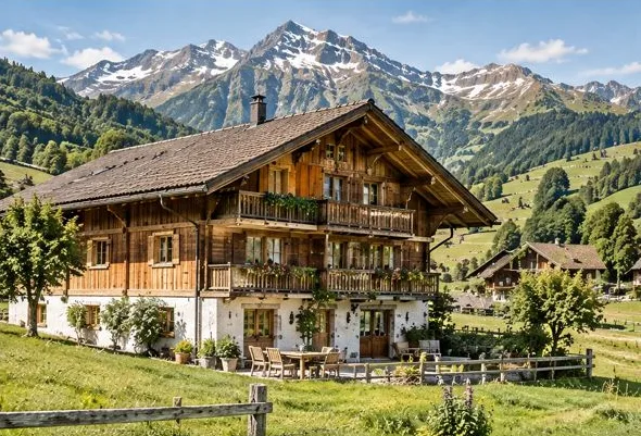 Schweizer Holzhaus mit Bergpanorama